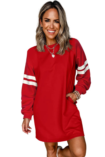 Fiery Red Striped Sleeve Sweatshirt Mini Dress – Casual Loose Fit with Pockets