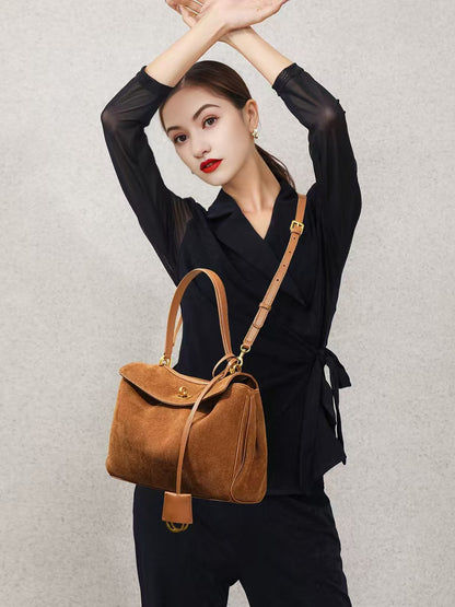 Vintage Autumn Winter Suede Matte Tote Bag, Elegant Shoulder Crossbody Kelly Bag for Women, Large Capacity Commuter Underarm Bag