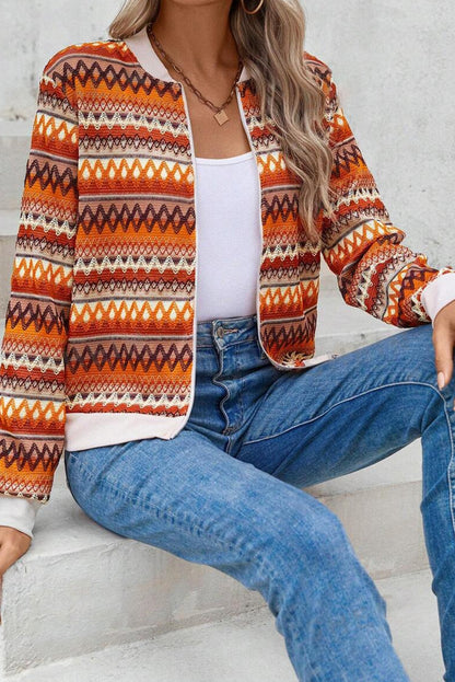 Orange Boho Striped Zip-Up Jacket – Vibrant Fall Layering Piece