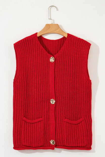 Firey Red Chunky Knit Buttoned Sweater Vest for Women – Cozy Fall Layer with Side Pockets