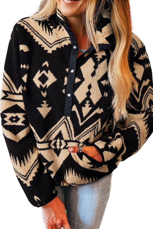 Black Western Aztec Half Zip Plush Sweatshirt – Cozy Tribal Print Fleece Pullover for Women | Warm Boho Winter Jacket with Pockets