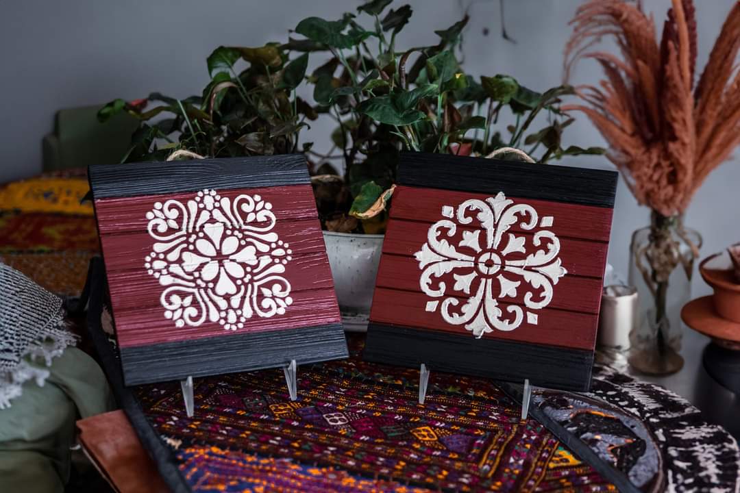 Crimson Heritage Panels – Set of Two 10" x 10" Mixed Media - SOLD