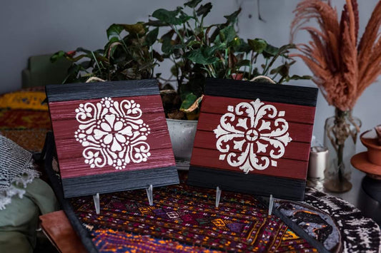 Crimson Heritage Panels – Set of Two 10" x 10" Mixed Media - SOLD