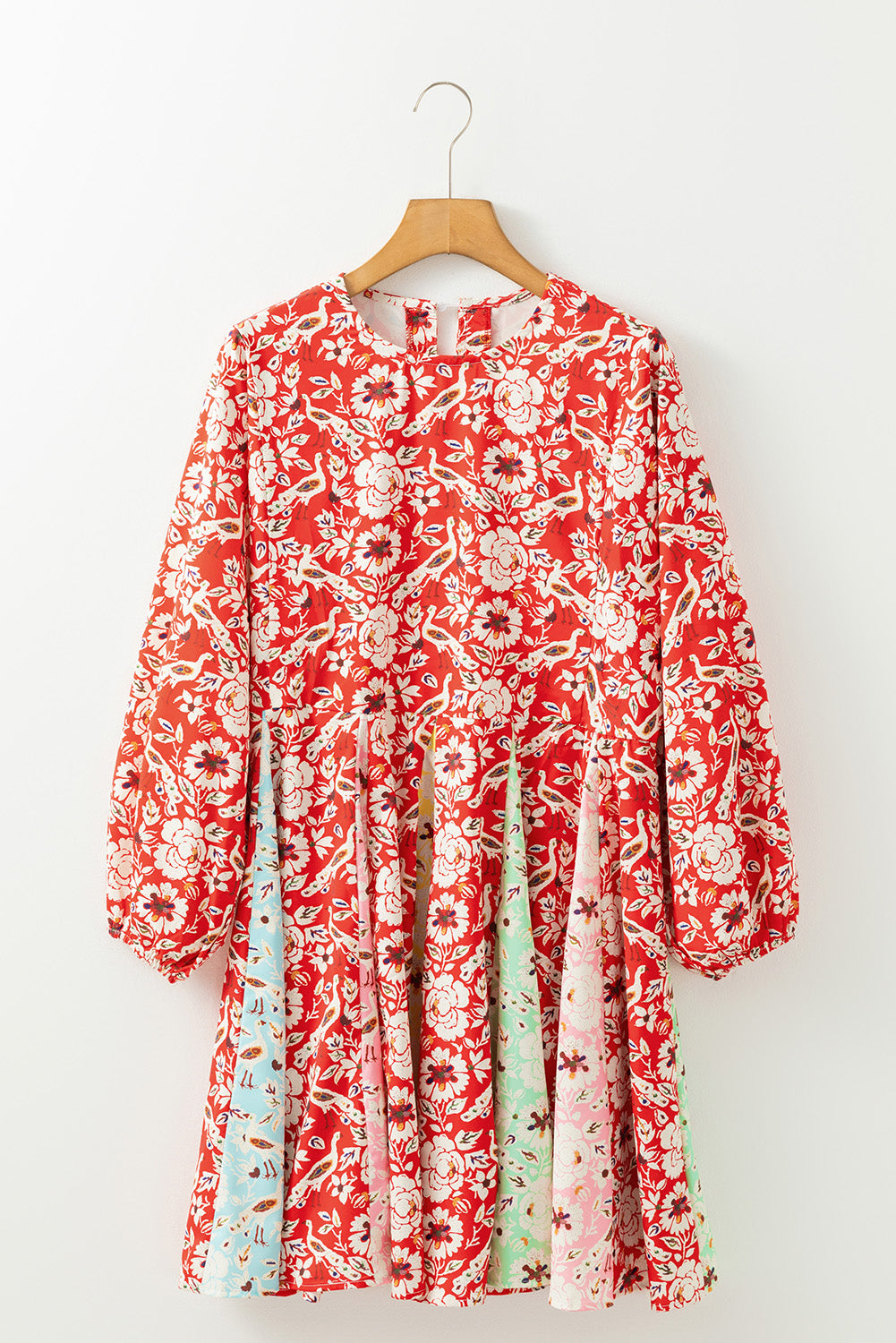 Red Floral Patchwork Mini Dress Long Sleeve Pleated Boho Casual Loose Fit Women’s Dress
