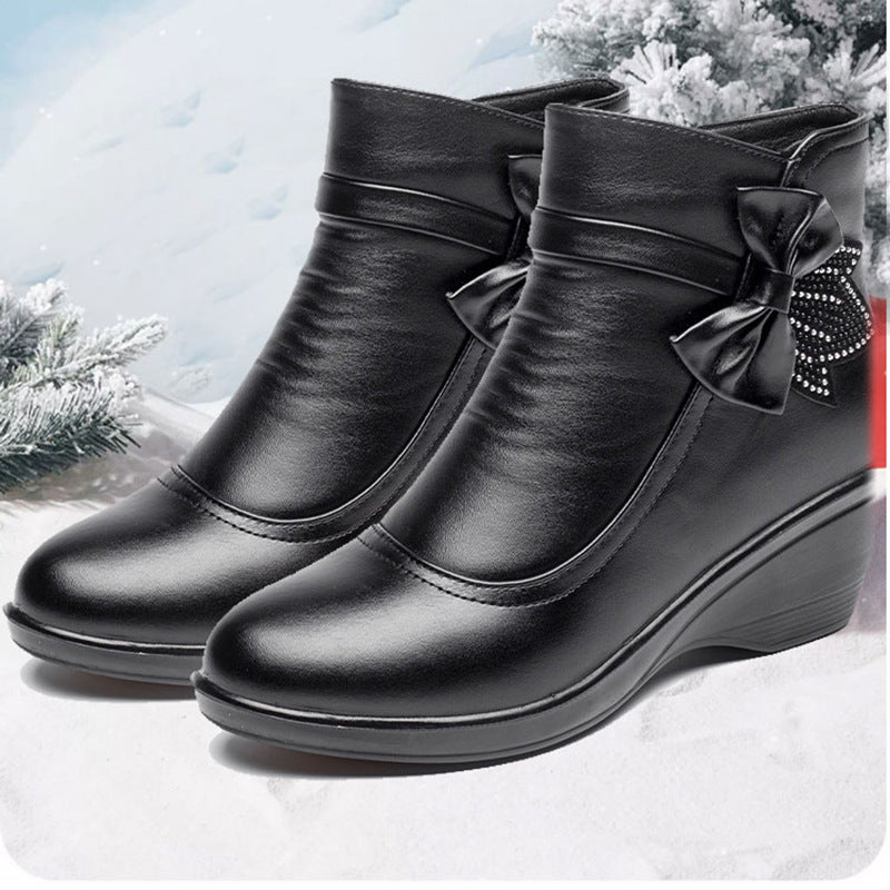 Faux Fur Lined Mid-Heel Ankle Boots for Women, Warm Winter Snow Boots with Non-Slip Sole, Comfortable Heeled Booties for Moms and Elderly