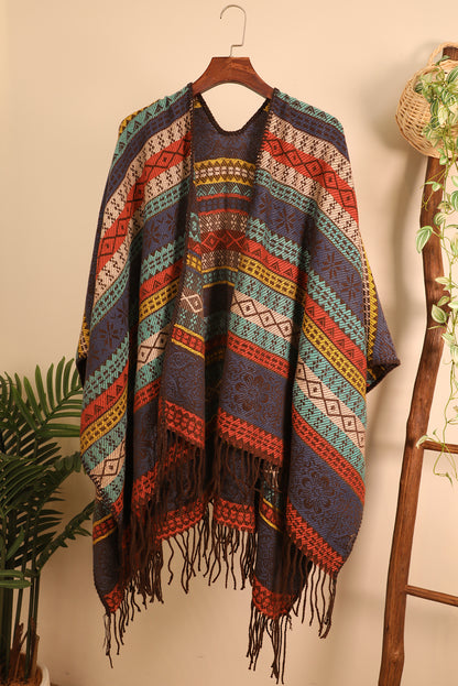 Light Blue Ethnic Print Tassel Trim Shawl Scarf