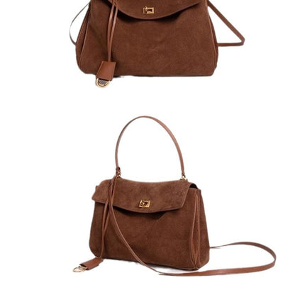 Vintage Autumn Winter Suede Matte Tote Bag, Elegant Shoulder Crossbody Kelly Bag for Women, Large Capacity Commuter Underarm Bag