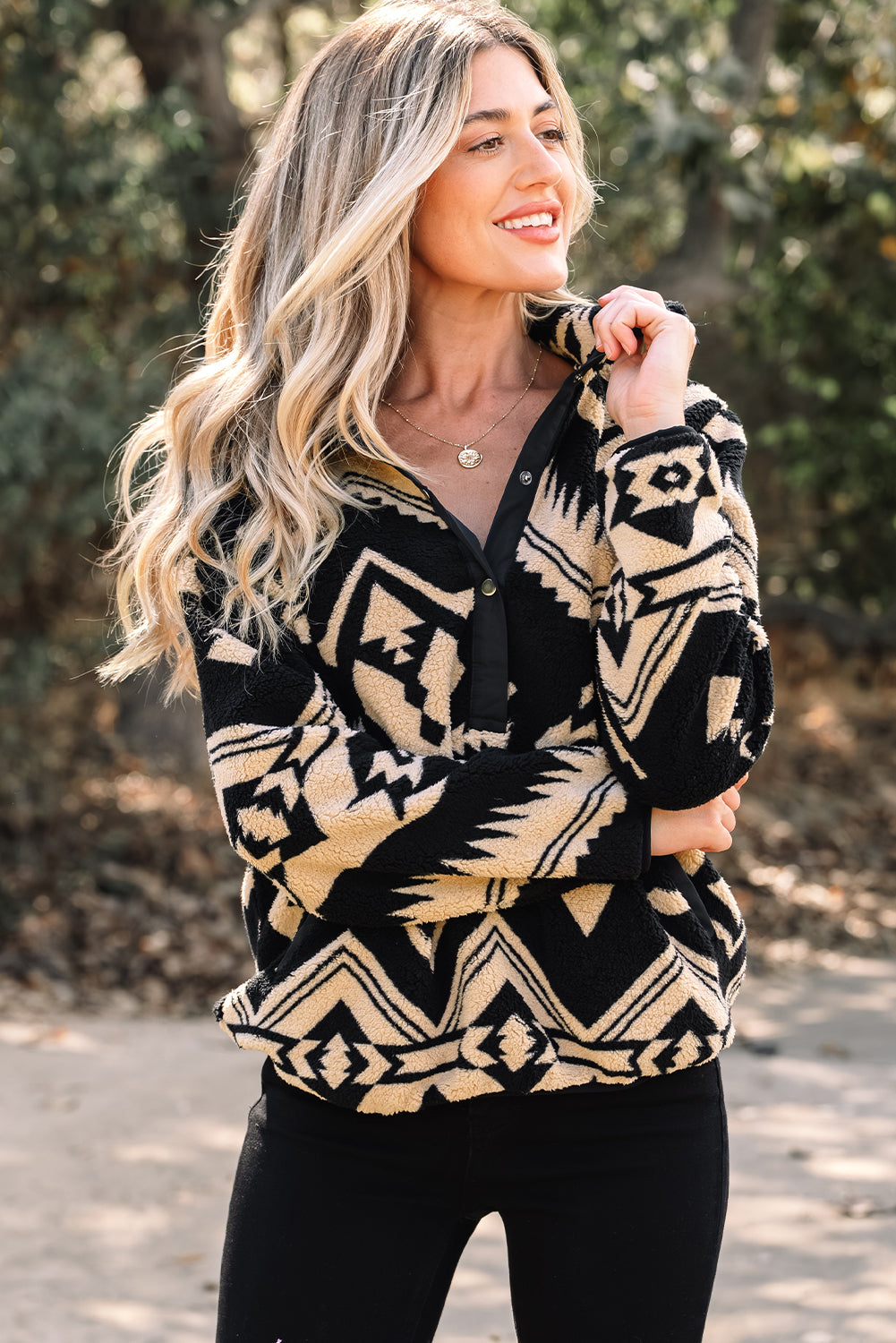 Black Western Aztec Half Zip Plush Sweatshirt – Cozy Tribal Print Fleece Pullover for Women | Warm Boho Winter Jacket with Pockets