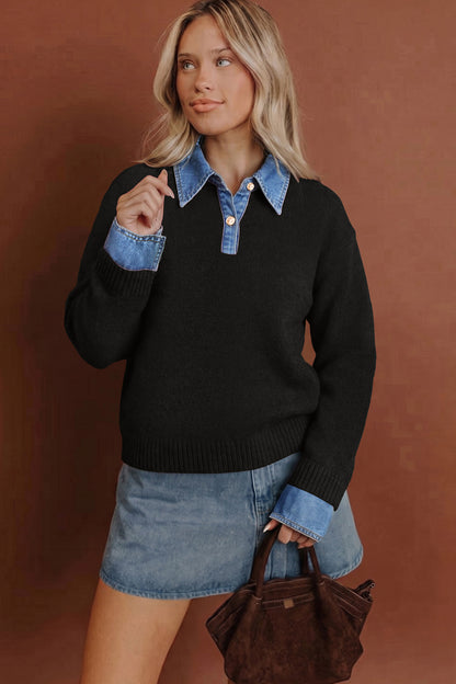 Women’s Black Knit Sweater with Denim Collar & Cuffs