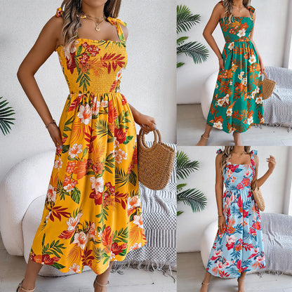 Three different floral dresses shown in a collage with a neutral background.