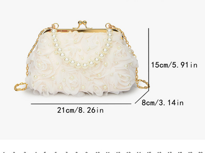 Net Lace Pleated Pearl Chain Crossbody Bag