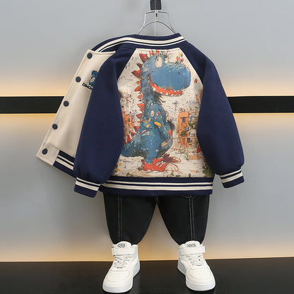 Kids Boys Cartoon Print Baseball Jacket Spring Autumn Casual Outerwear