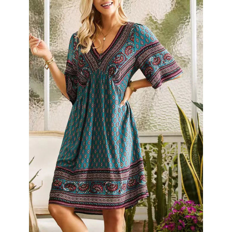 Bohemian Paisley V-Neck Dress