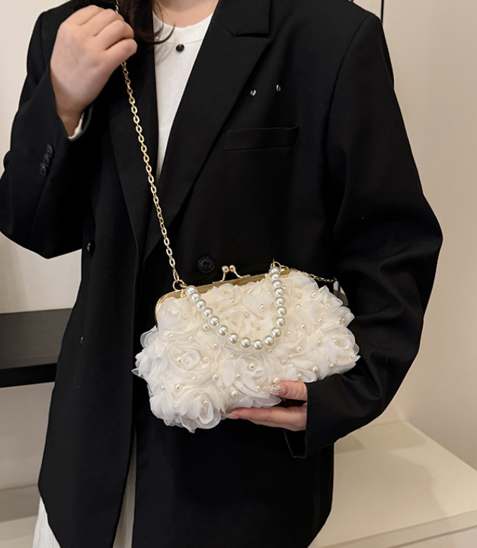 Net Lace Pleated Pearl Chain Crossbody Bag