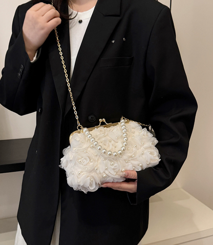 Net Lace Pleated Pearl Chain Crossbody Bag