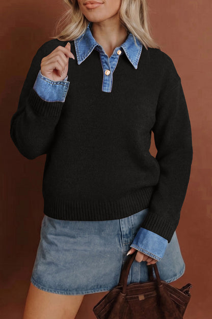 Women’s Black Knit Sweater with Denim Collar & Cuffs