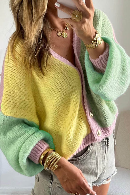 Women’s Yellow Colorblock V-Neck Button Cardigan