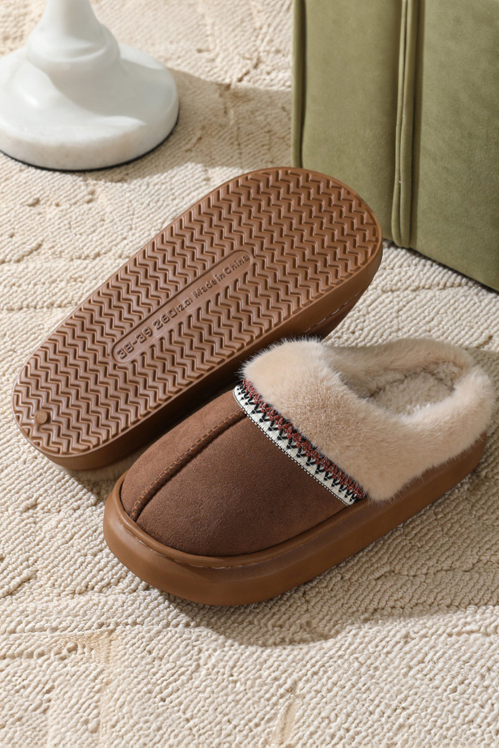 Coffee Colorblock Fuzzy Platform Slippers