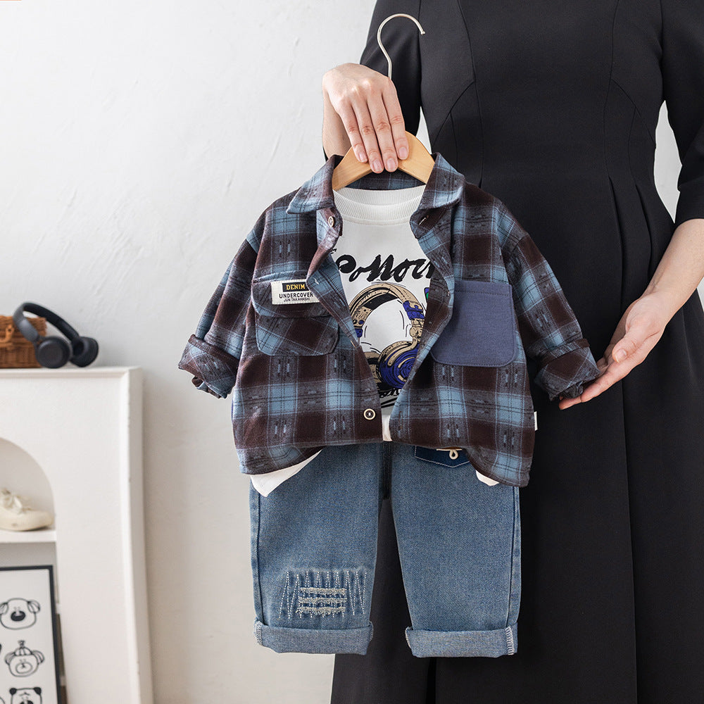 Three piece checkered shirt set for children and boys
