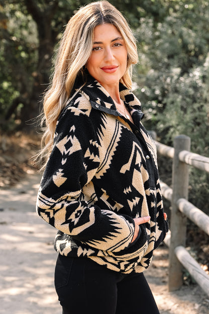 Black Western Aztec Half Zip Plush Sweatshirt – Cozy Tribal Print Fleece Pullover for Women | Warm Boho Winter Jacket with Pockets