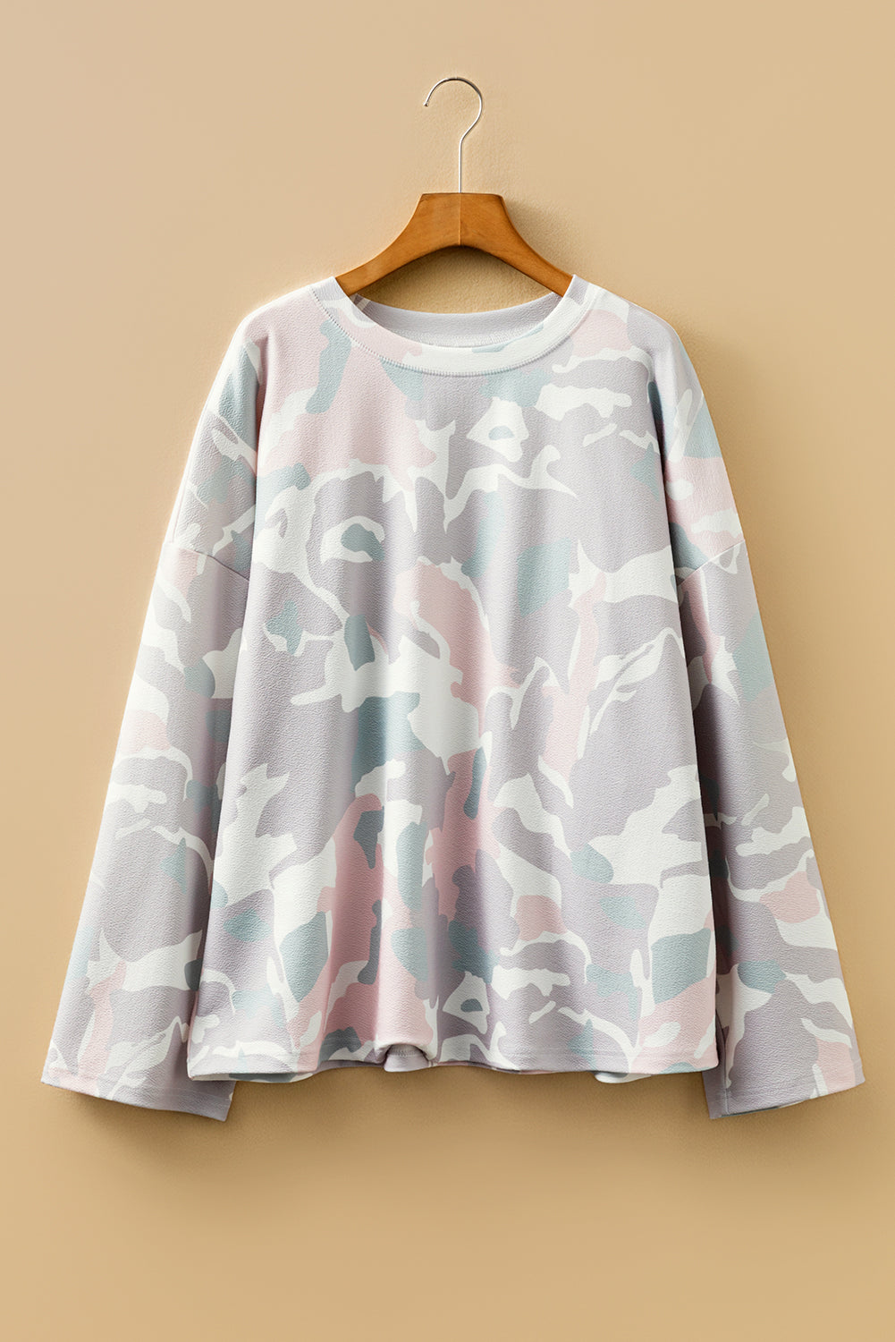 Plus Size Camo Print Long Sleeve Pullover – Drop Shoulder, Loose Fit, 1X–4X