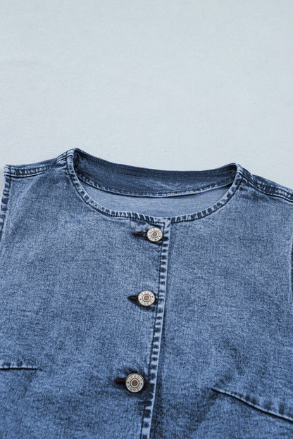 Women’s Blue Denim Vest – Sleeveless Button Down Long Vest with Side Slits for Spring Layering