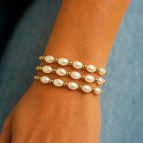 Made in the USA, 8mm Pearl and 4mm Gold Bead Stretch Bracelet for Women, 18K Gold PVD on 316L Surgical Stainless Steel, Stackable Bracelet