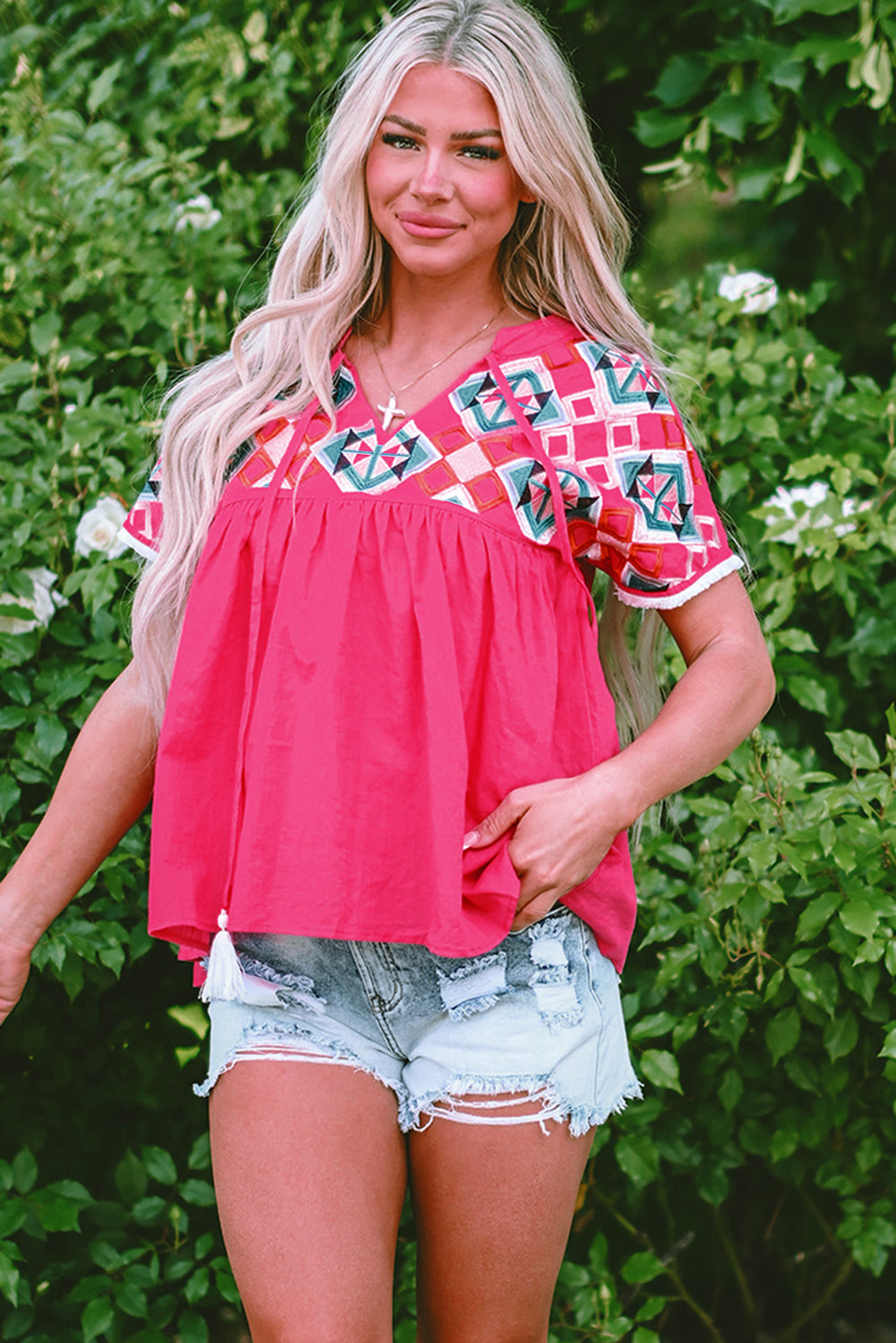 Strawberry Pink Boho Embroidered Blouse – Tassel Tie V-Neck Summer Top