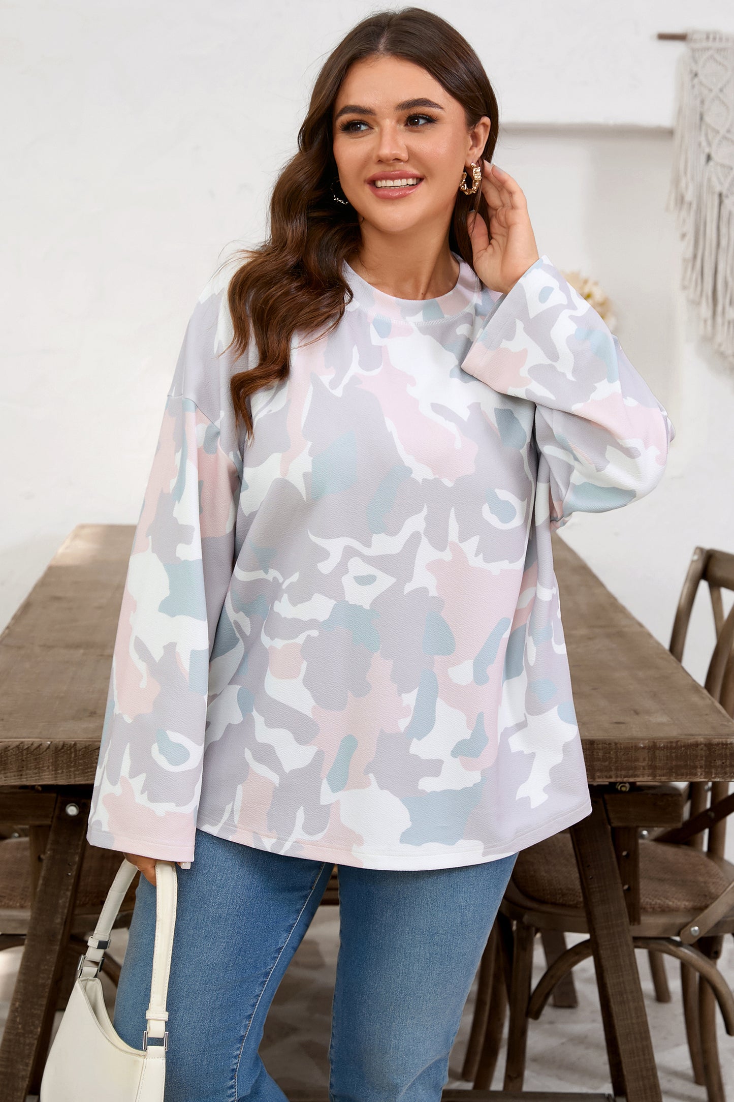 Plus Size Camo Print Long Sleeve Pullover – Drop Shoulder, Loose Fit, 1X–4X