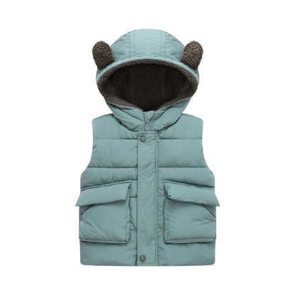 Fleece-Lined Warm Kids Vest, Solid Color Cute Hooded Kids Vest Sleeveless Vest