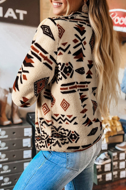 Beige Western Aztec Half Zip Plush Sweatshirt – Cozy Tribal Print Fleece Pullover for Women | Warm Boho Winter Jacket with Pockets