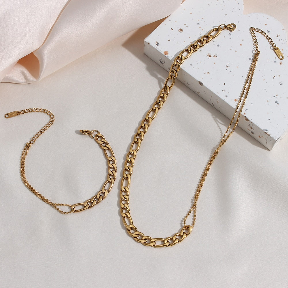 Waterproof Stainless Steel Figaro Chain&Cuban Chain Patchwork Bracelets for Women Ladies Street Style Gold Chain Bracelet