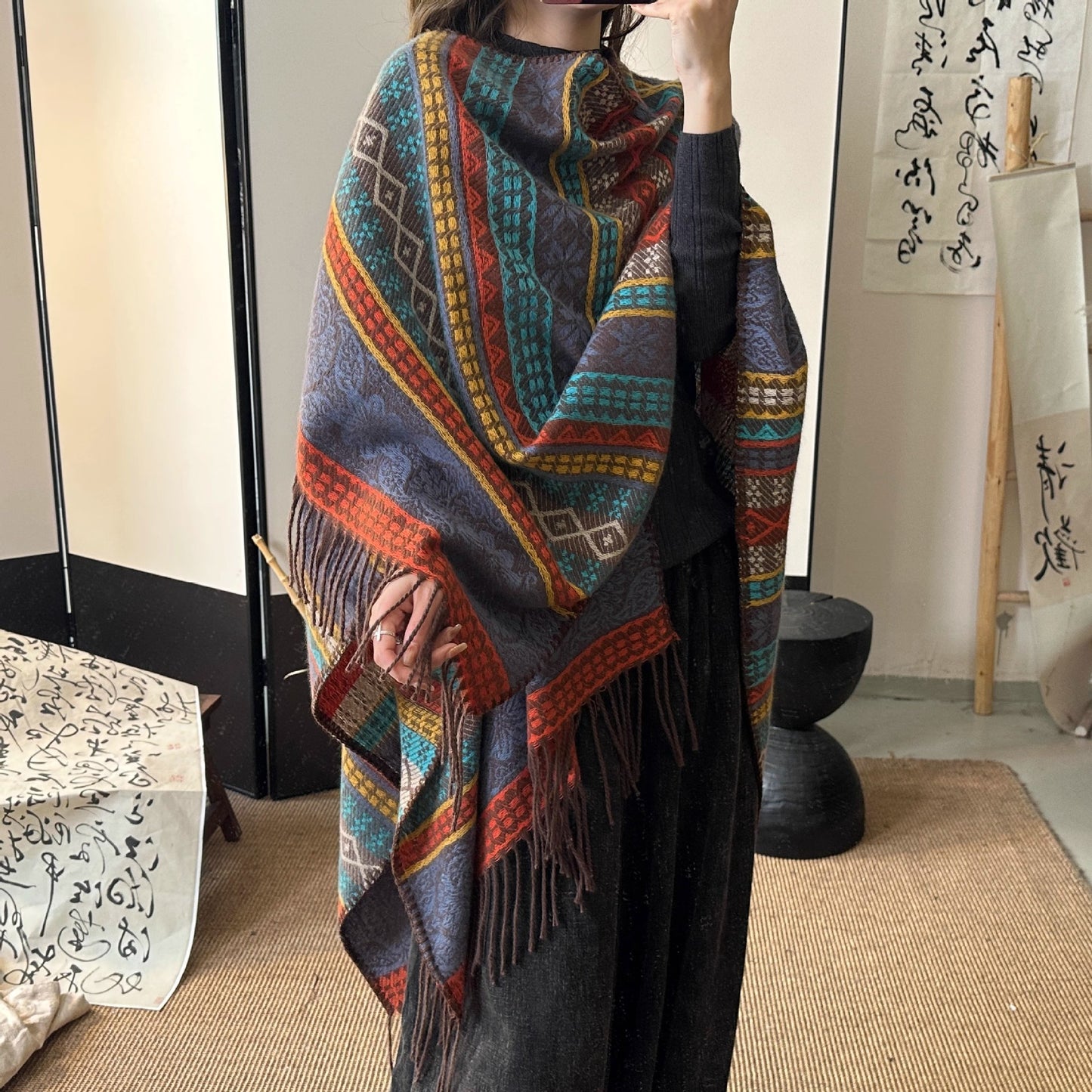 Ethnic wind stripe contrast color tassel shawl for woman