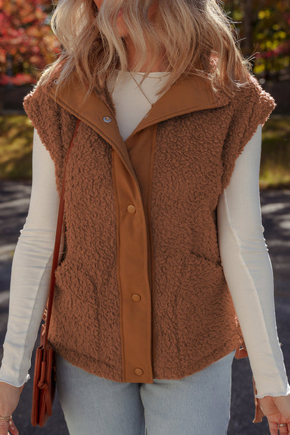 Cinnamon Faux Fur Snap Button Front Knot Side Plush Vest with Pockets