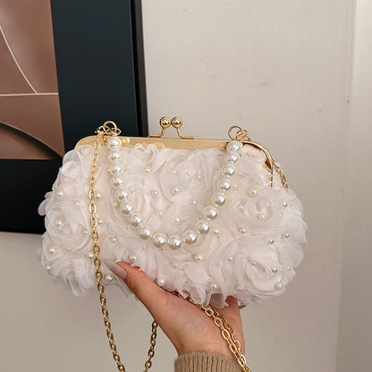 Net Lace Pleated Pearl Chain Crossbody Bag