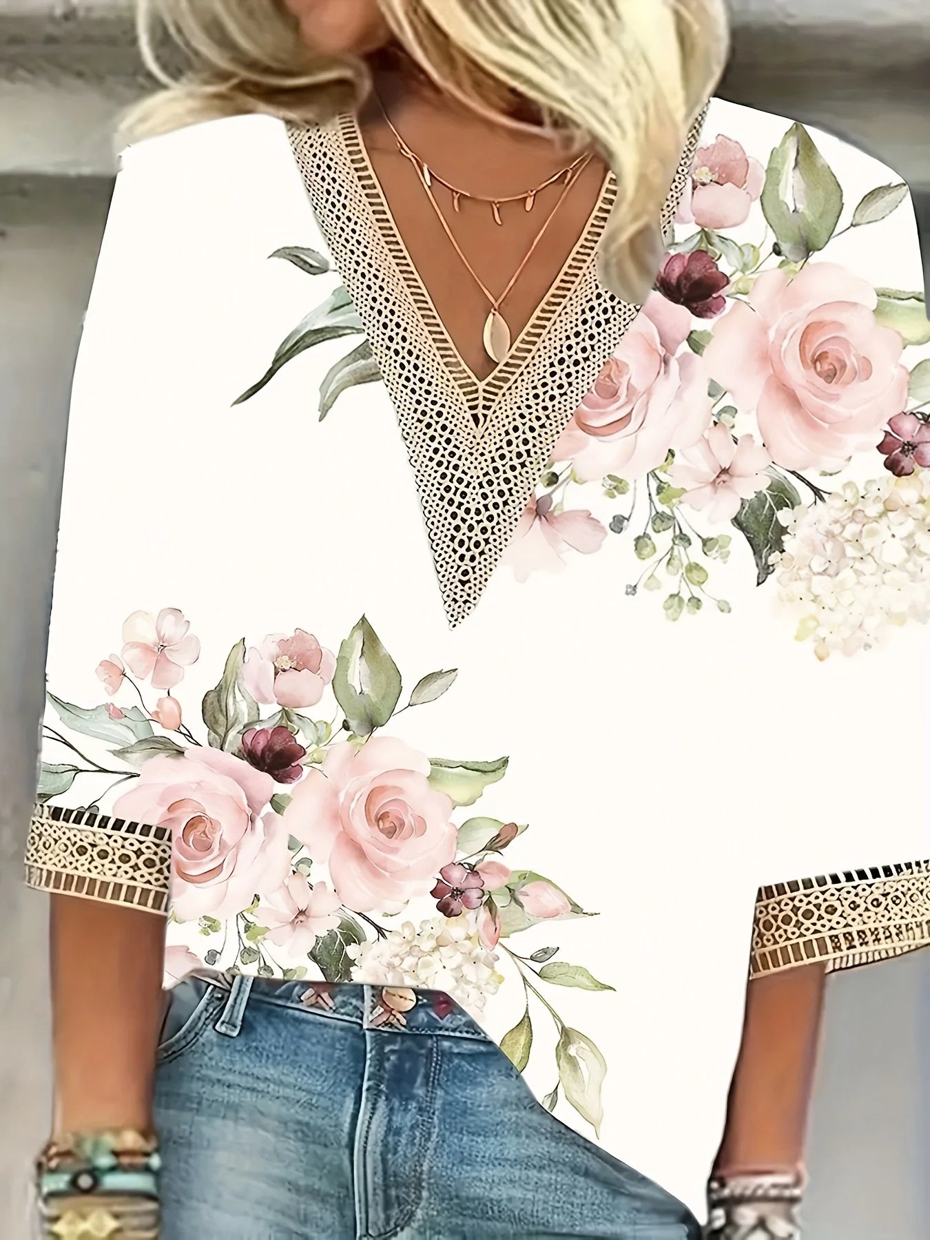 Women's Floral V-Neck Lace Trim Blouse – Casual 3/4 Sleeve Boho Top