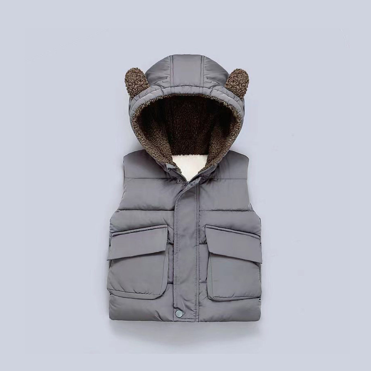 Fleece-Lined Warm Kids Vest, Solid Color Cute Hooded Kids Vest Sleeveless Vest