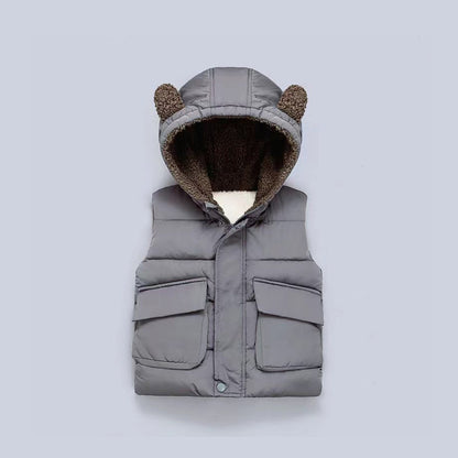 Fleece-Lined Warm Kids Vest, Solid Color Cute Hooded Kids Vest Sleeveless Vest