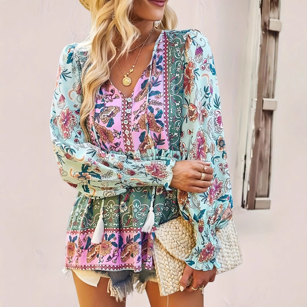 Boho Floral Patchwork Blouse – Lightweight Long Sleeve Spring Top for Women
