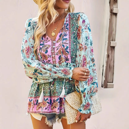 Boho Floral Patchwork Blouse – Lightweight Long Sleeve Spring Top for Women