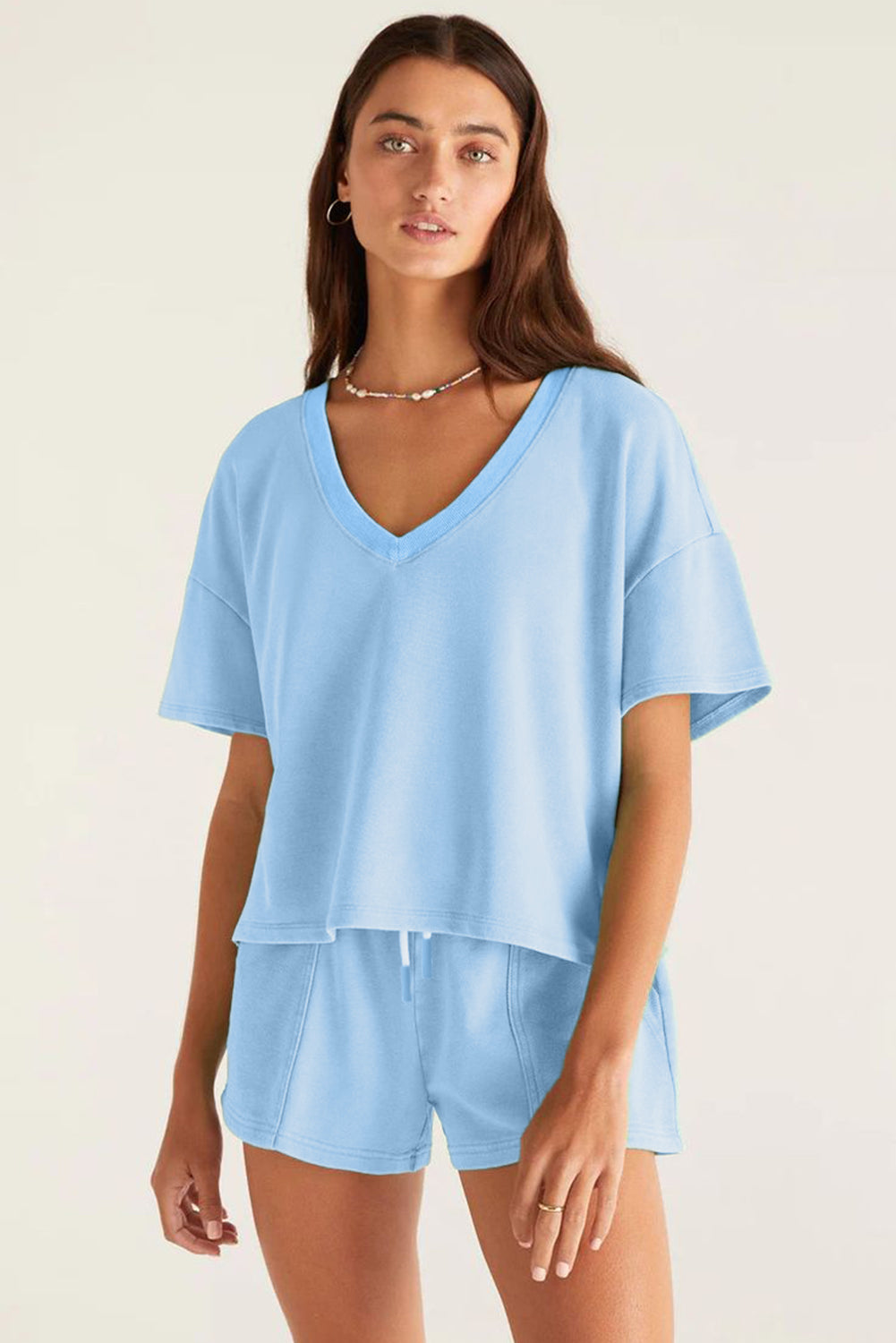 Women’s Light Blue 2 Piece Lounge Set – V Neck Top & Drawstring Shorts Casual Summer Outfit