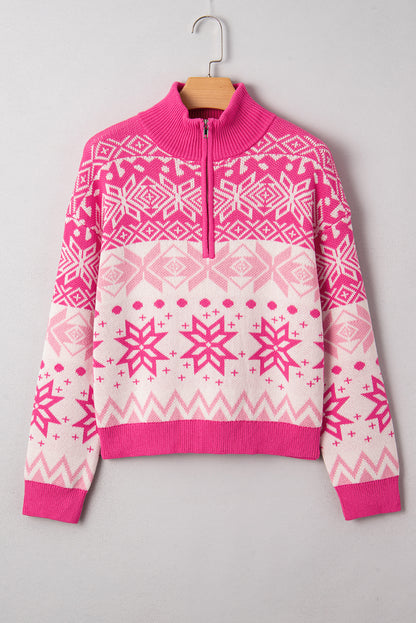 Rose Red Snowflake Quarter-Zip Collared Sweater – Cozy Holiday Knit Pullover for Women