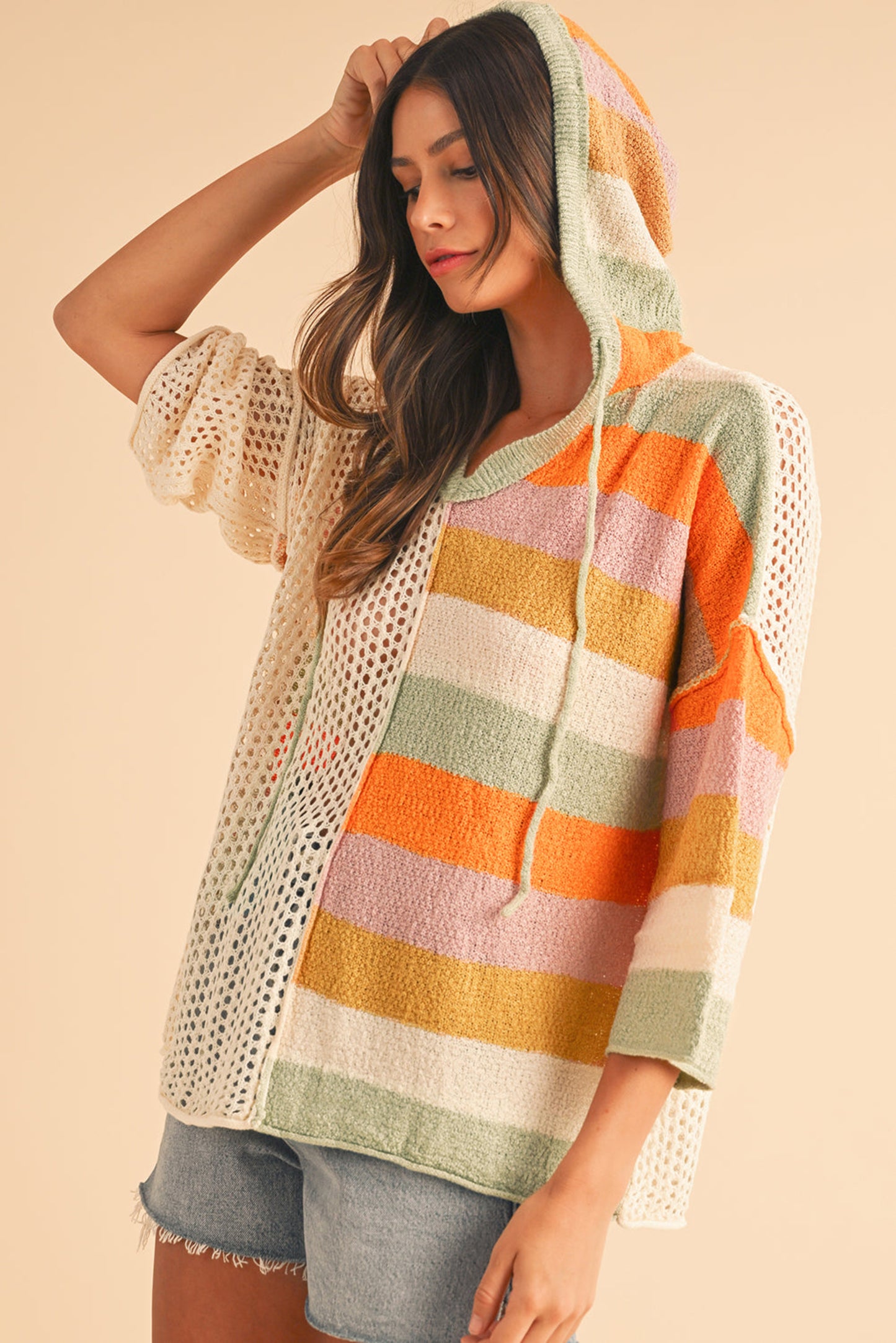 Oversized Colorblock V-Neck Hooded Sweater for Women – Lightweight Knit Pullover, Casual Boho Striped Hoodie Top