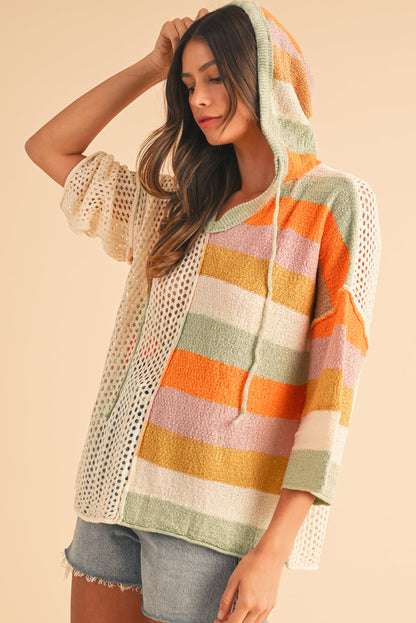 Oversized Colorblock V-Neck Hooded Sweater for Women – Lightweight Knit Pullover, Casual Boho Striped Hoodie Top