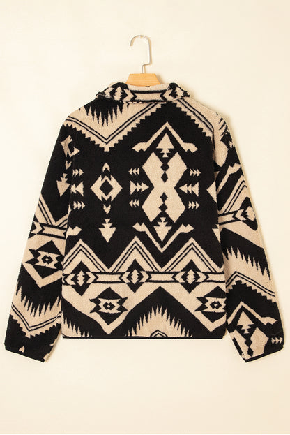 Black Western Aztec Half Zip Plush Sweatshirt – Cozy Tribal Print Fleece Pullover for Women | Warm Boho Winter Jacket with Pockets