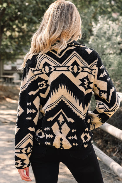 Black Western Aztec Half Zip Plush Sweatshirt – Cozy Tribal Print Fleece Pullover for Women | Warm Boho Winter Jacket with Pockets