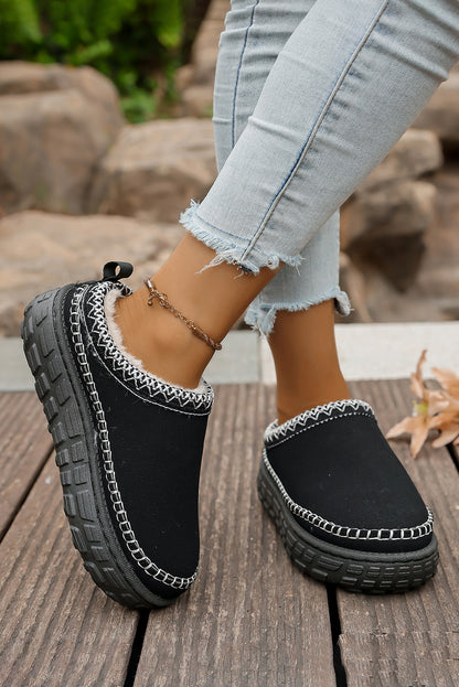 Black Contrast Stitch Detail Plush Winter Clog Slippers