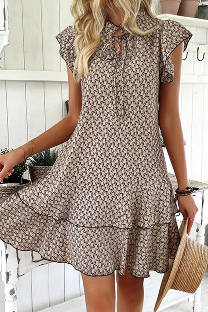 Simply Taupe Bohemian Print V-Neck Flutter Sleeve Ruffle Mini Dress