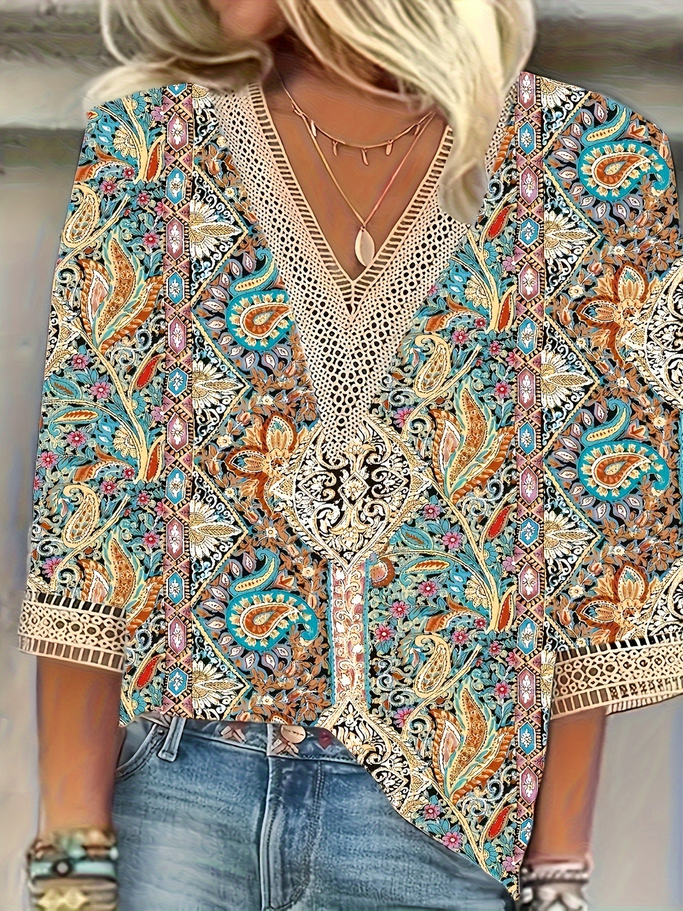 Women's Floral V-Neck Lace Trim Blouse – Casual 3/4 Sleeve Boho Top