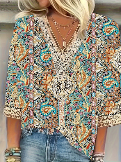 Women's Floral V-Neck Lace Trim Blouse – Casual 3/4 Sleeve Boho Top